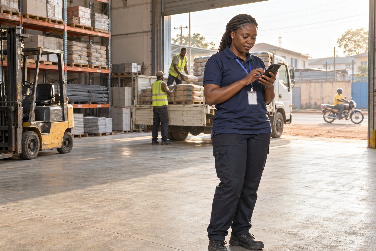 Une employée enregistre son arrivée sur son téléphone à l’entrée d’un entrepôt de matériaux