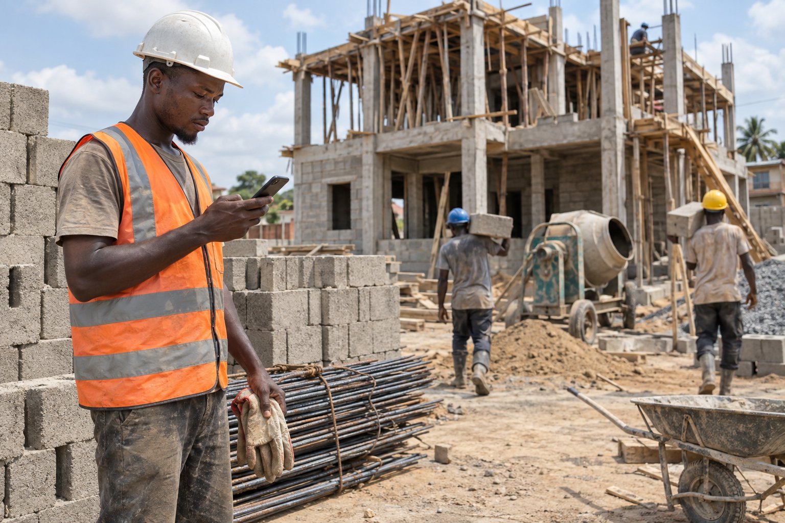 Un ouvrier consulte son téléphone sur un chantier de construction